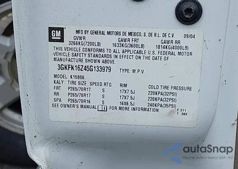 2005 GMC Yukon Xl 1500 Slt z USA, uszkodzony, nr VIN 3GKFK16Z45G133979